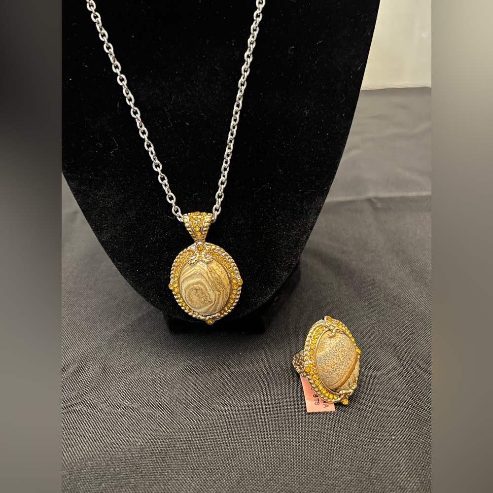 🪶 Jasper & Stainless Steel Jewelry Set – Necklace + Ring (Size 10), Synthetic - Picture 2 of 14